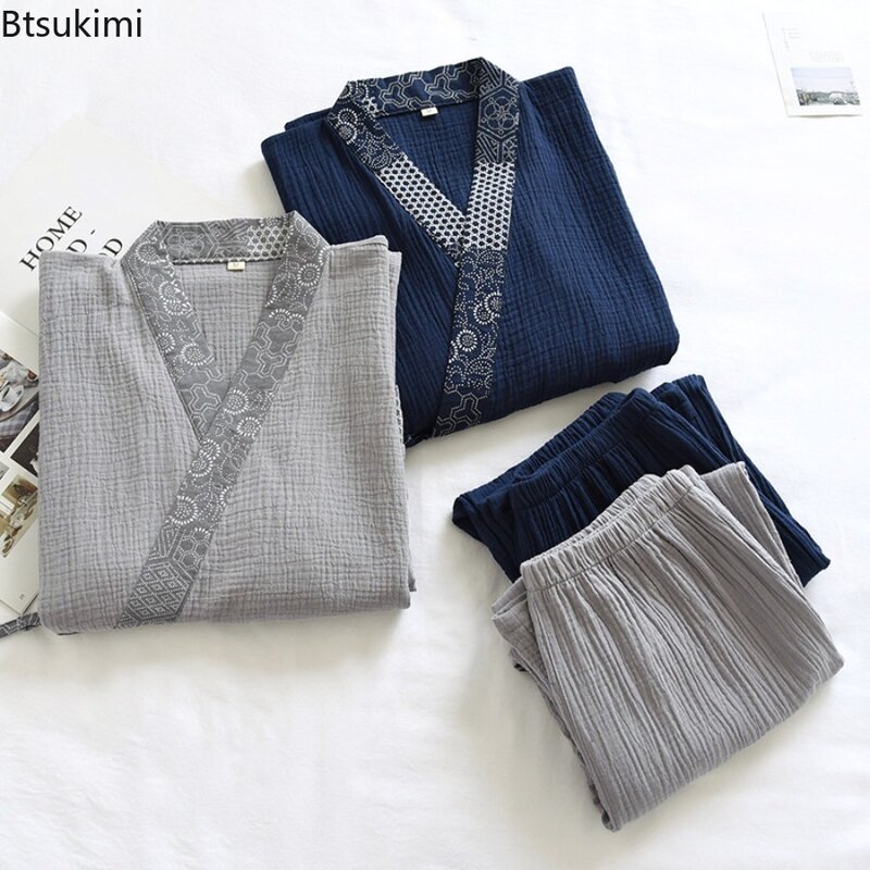 Conjunto de pijama de algodón con diseño de crepé para hombre, ropa de dormir de estilo étnico, Kimono cómodo con cordones, Tops y pantalones, 2024