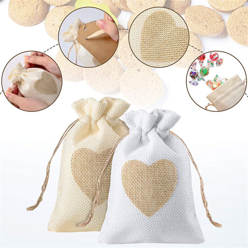 Bolsa de lino con forma de corazón para almacenamiento de joyas, bolsa pequeña de arpillera reutilizable con cordón, embalaje de regalo, bolsas de dulces de fiesta, 10x14cm, 10 piezas