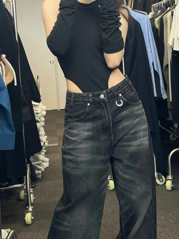 Jean Vintage à Jambes Larges pour Femme, Taille Haute, Mode de Rue, Harajuku Y2K, Automne Hiver