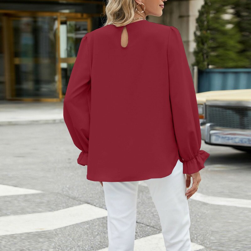 2024 New Summer Women Shirts Casual Pleated Crew Neck Long Sleeve Shirt Office Work Chiffon Female Blouses Ropa De Mujer Ofertas