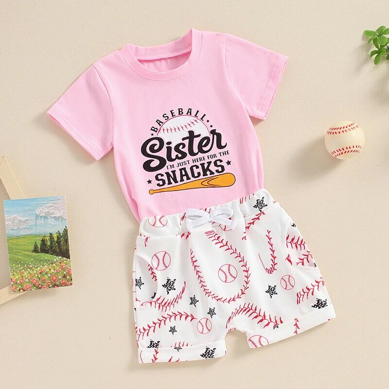 2024-03-27 lioraitiin Toddler Baby Girl Summer Outfit Letter Print O-Neck Short Sleeve Tops+Elastic Waist Baseball Shorts Set