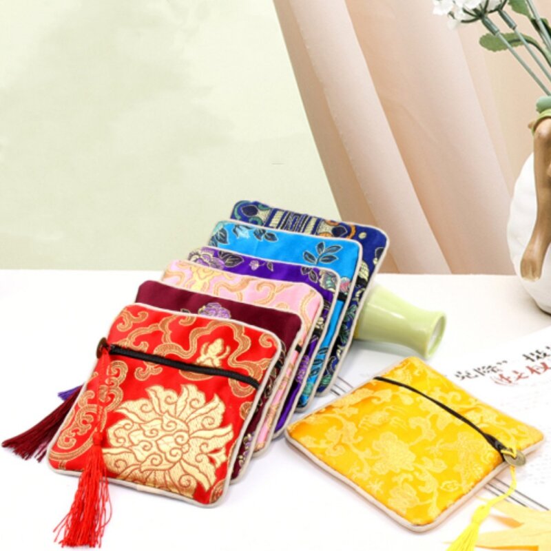 Chinese Brocade Jewelry Storage Bag Handmade Silk Embroidery Padded Small Zipper Tassel Jewelry Organizer Pouch Satin Gift Bag