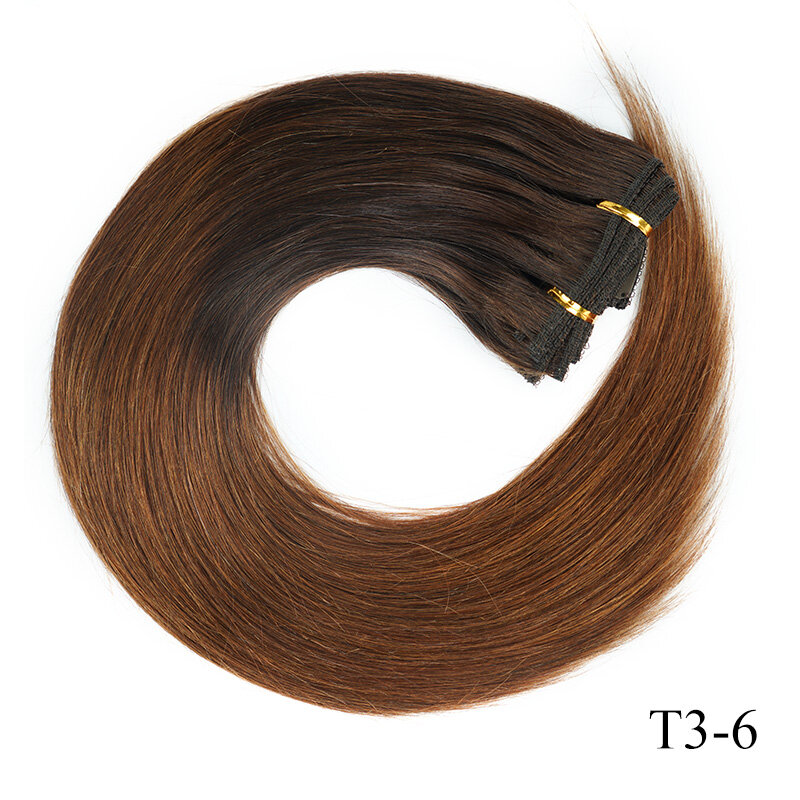 Extensions de cheveux naturels bruns ombrés-DOREEN, 22 pouces, 55cm, série tête complète, avec clips cousus sur trame, 120g, 7 pièces, T3/6