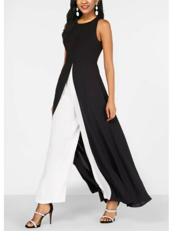Summer New For Women's Color Matching Sleeveless O Neck Jumpsuit Simple Slim Elegant Female Casual Fashion Slit Pantsuit Skirt