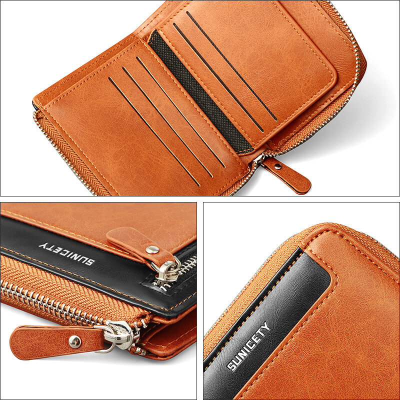 PU Leather Zipper Wallet para homens, titulares de cartão, bolsa de moedas, bolsa curta, portátil masculino, designer de luxo, RFID