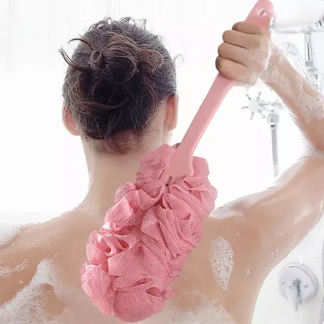 ยาวตาข่ายอาบน้ำ Alat Penggosok Badan ลูกบอลฟองน้ำแปรงทำความสะอาด Exfoliating Scrubbers อุปกรณ์ในห้องน้ำ