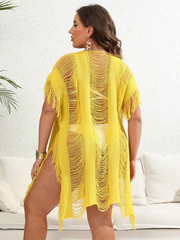 GIBSIE Plus Size Sexy Hollow Out Beach Dress Women O-Neck Tassel Split Knit Swimsuit Cover Up Beachwear Female Bathing Suit