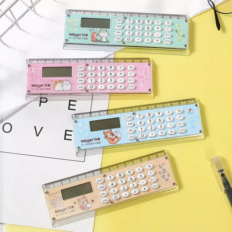 Kawaii Cartoon Mini Liniaal Rekenmachine Multifunctionele 15Cm Liniaal Met Rekenmachine Studenten Briefpapier Kantoor Schoolbenodigdheden