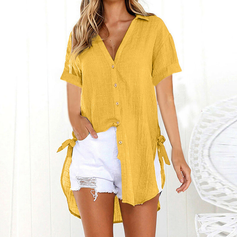 Blusa de lino y algodón de manga larga para mujer, Camisa lisa con solapa y botones, talla grande, 2024