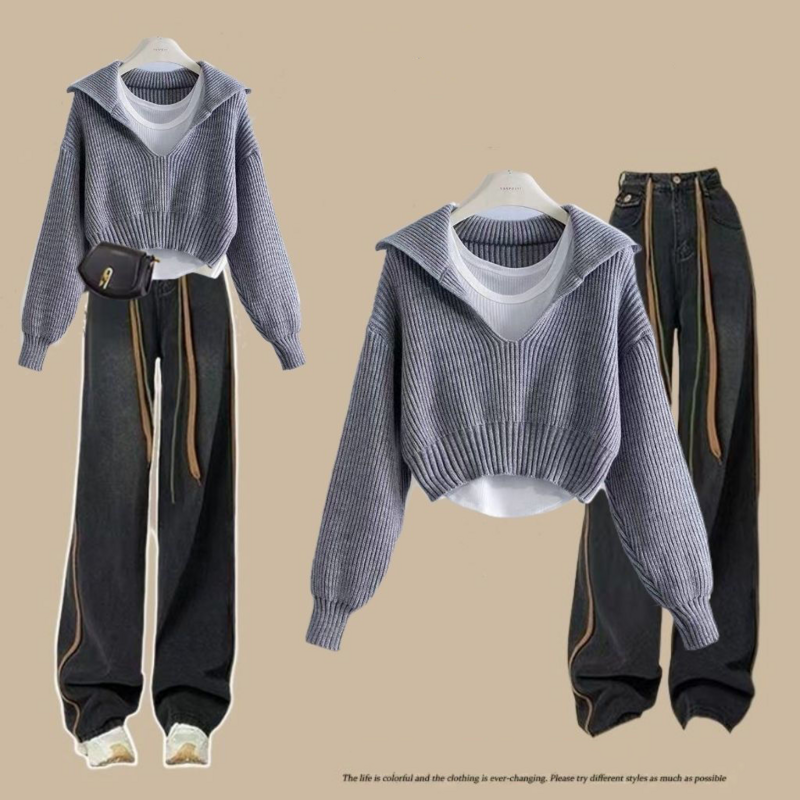 Spring and Autumn Women's Set 2023 New Korean Version Lazy Style Bottom Sweater Drawstring Jeans Age Reducing Three Piece Set