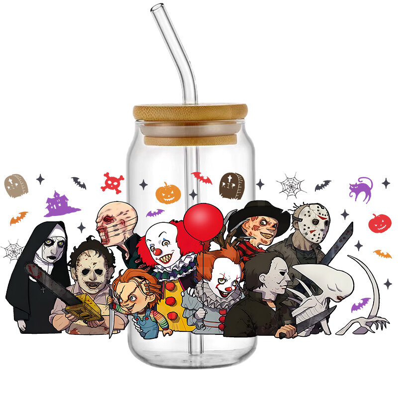 UV DTF Transfer Sticker Halloween Horry per i 16oz Libbey Glasses Wraps Bottles Cup Sticker fai da te impermeabile