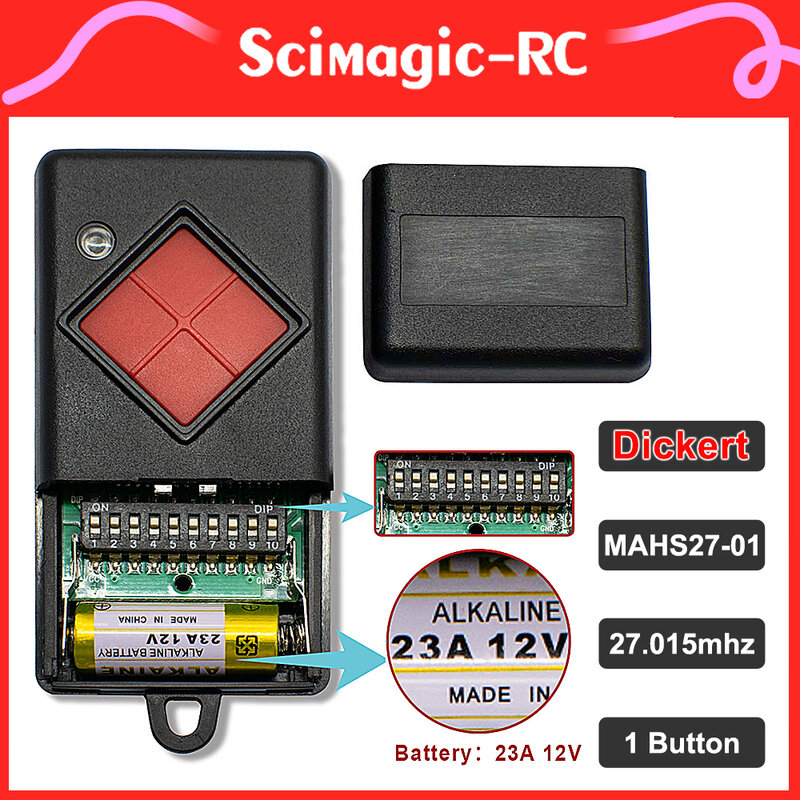 Garagem de controle remoto com botão vermelho, transmissor de mão, compatível com DICKERT MAHS27-01 MAHS27-04, 27.015 MHz, 100%