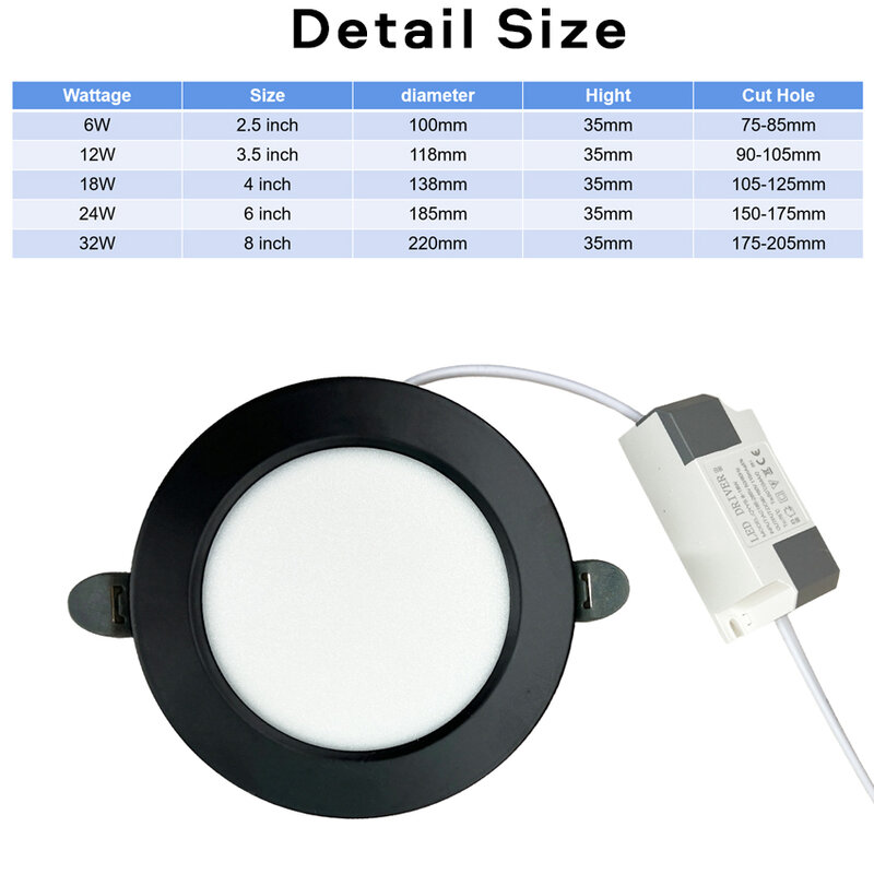 LED Recessed Ceiling Downlight Lamp 6W 12W 18W 24W 220V 240V Cold Neutral White Black Shell With Driver Round Panel Decor Light