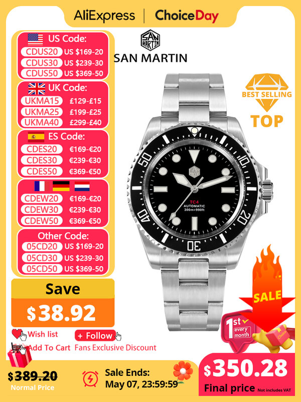 San Martin 40mm GR5 tytanowe luksusowe męskie zegarek do nurkowania urządzenia helowe automatyczne zegarki mechaniczne Sapphire BGW-9 wodoodporne 300m