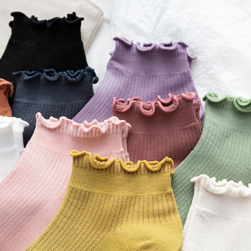 Cotton Women's Socks Frilly Ruffle Socks Spring Summer Casual Ankle Short Boat Socks Loose Knitting Solid Color Mid Tube Sock