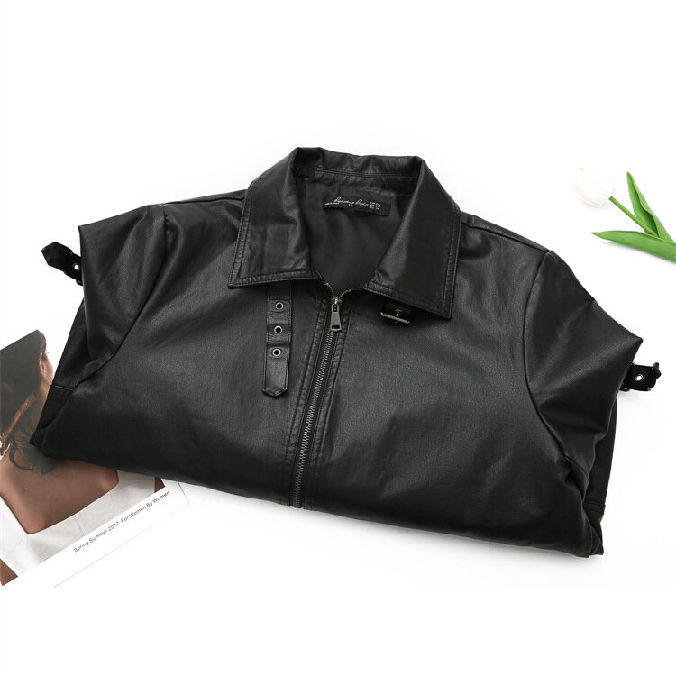 Jaket kulit PU sederhana untuk wanita, jaket kulit PU kasual bergaya kualitas tinggi kerah Vintage musim gugur 2023 kg 100