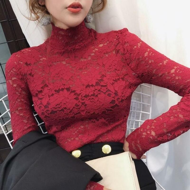 Women Half High Collar Long Sleeves See-Through Autumn Top Slim Lace Crochet Patchwork Hollow Tee Top Streetwear Floral Shirt