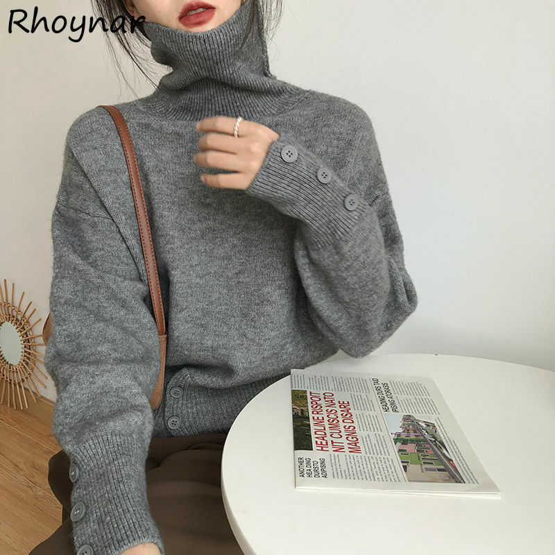 Knitted Turtleneck Sweaters Women Pullovers Y2k Chic Button Design Korean Fashion 5 Colors Retro Elegant Ladies Autumn Winter