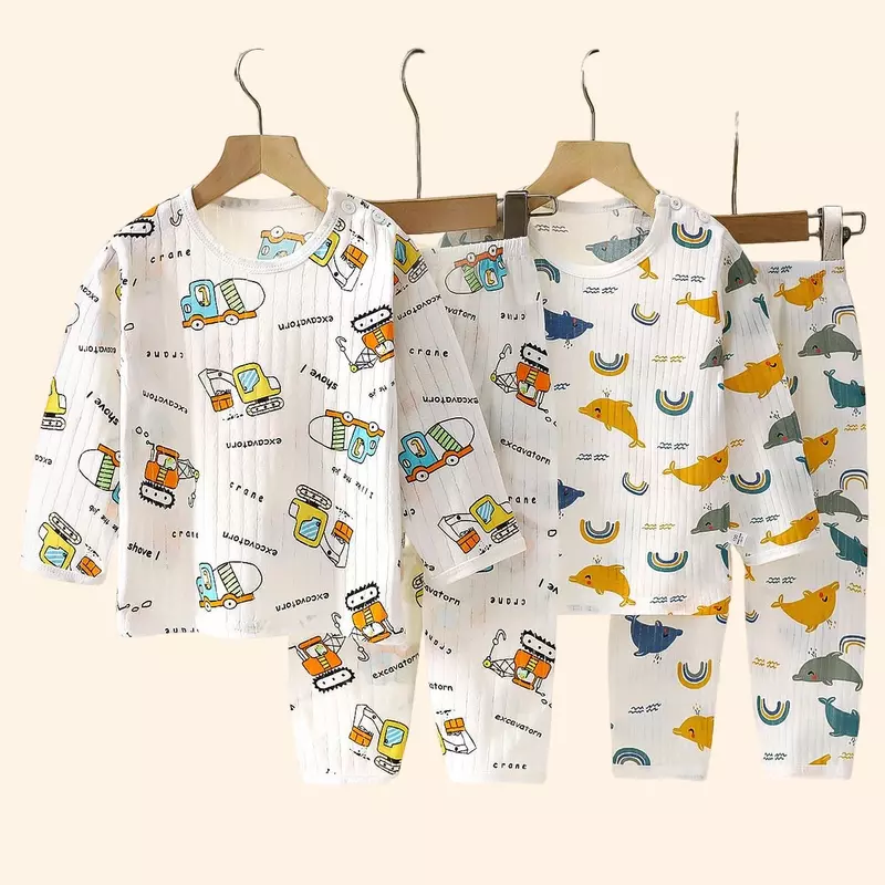 Conjuntos de pijamas de algodão infantil, roupas infantis, manga curta e longa, roupas de casa, menino e menina, tops e calças outono e inverno