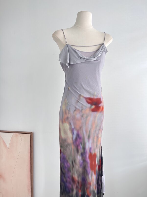 Women Halo Dyed Oil Painting Print Strapless Irregular Hem Long Dress