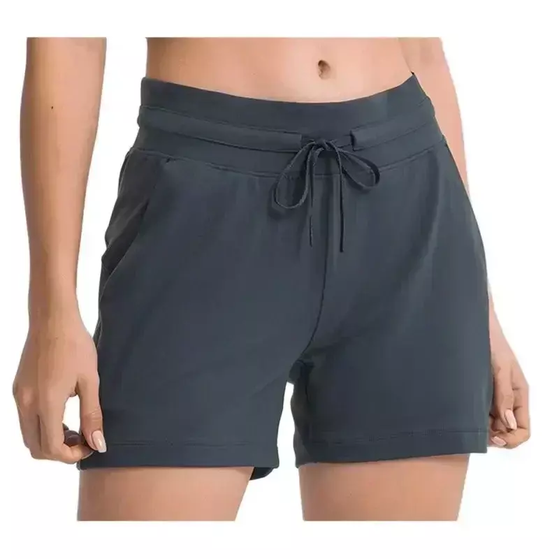 Shorts de corrida com cordão rápido de limão para mulheres, roupa de ginástica, treino esportivo, shorts esportivos com bolsos, 4 cm, verão