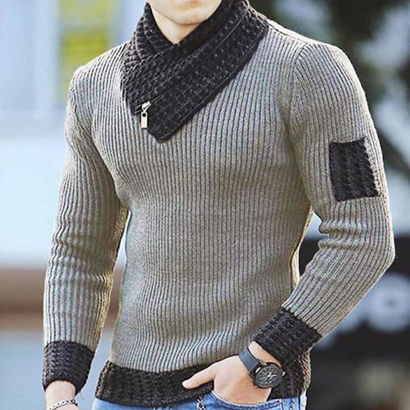 2023 Autumn Winter Warm Men's Pullover Sweater Fashion Zipper Scarf High Collar Slim Fit Long Sleeve Splice Knitwear Top