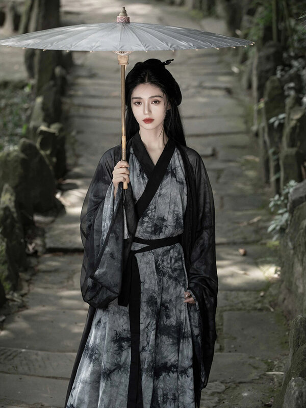 Hanfu negro para mujer, disfraz de artes marciales Wei y Jin, traje de estilo antiguo con cuello cruzado