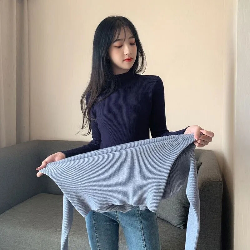 Sweater rajut Harajuku lengan panjang untuk wanita, Sweater dasar kasual sederhana elastis ramping Harajuku lengan panjang leher palsu musim gugur gaya Korea