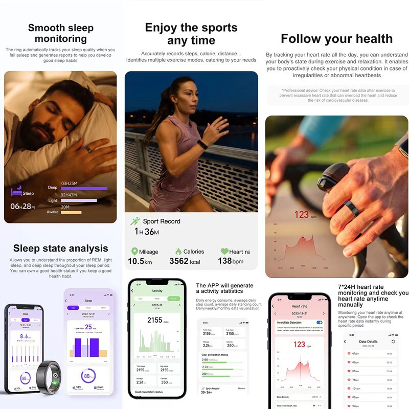 Smart Ring, Wearable Fitness Sleep Tracker for Men Women, Support 6-7 Days Battery Life