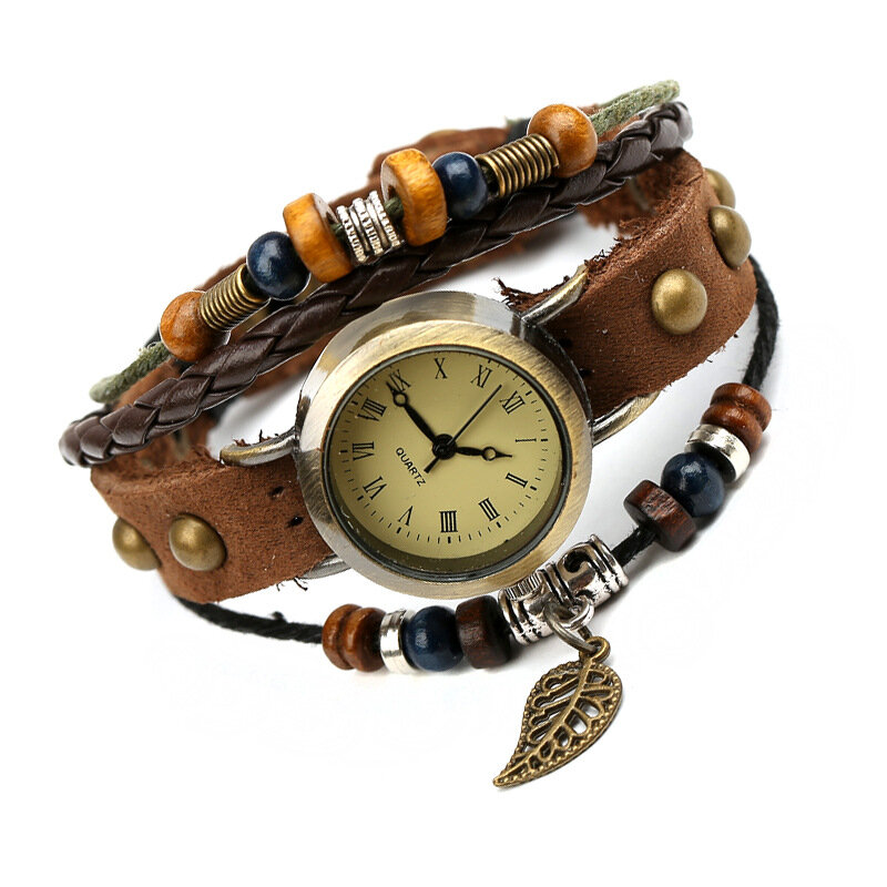 สุภาพสตรี Vintage ของแท้หนังสร้อยข้อมือผู้หญิงสีน้ำตาล Retro Roma นาฬิกาควอตซ์แฟชั่นนาฬิกาข้อมือหญิง