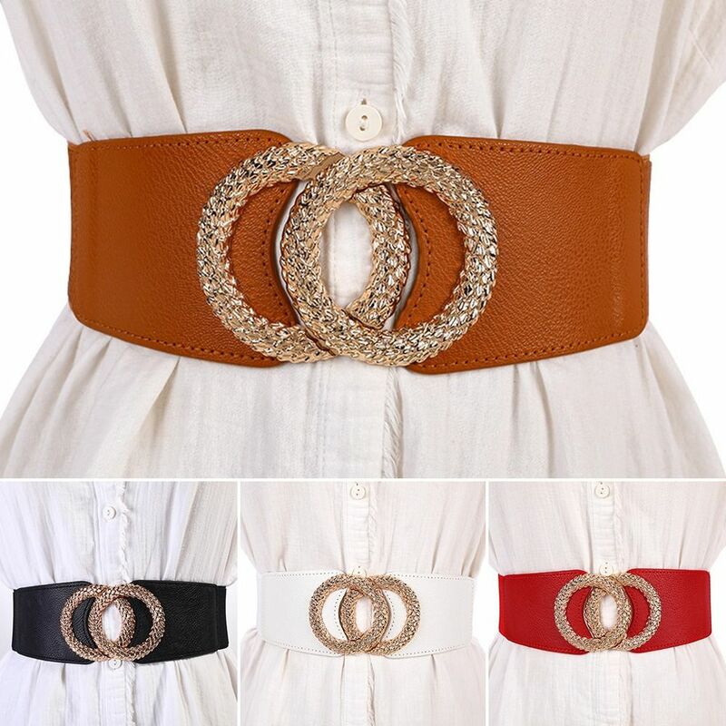 Fashion Ladies Wide Belts Decorated Elastic Leather Waistband Gold Buckle Dress Sweater Waist Belt for Woman