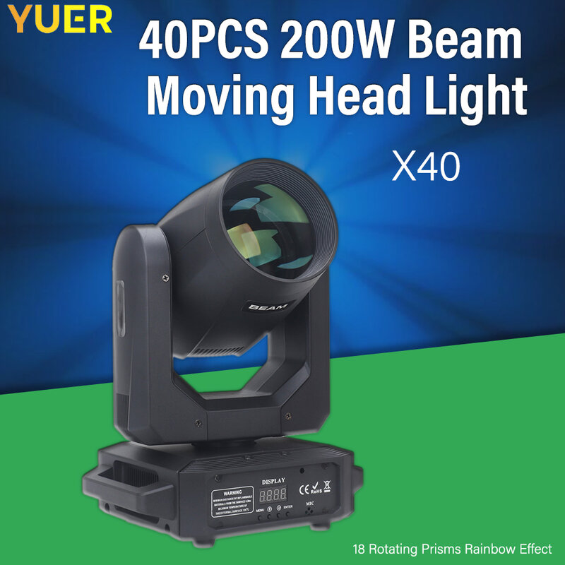 YUER-LED Moving Head Light, 18 prismas rotativos, efeito arco-íris, DMX Iluminação Palco, DJ Bar, Disco Party, 40Pack, 200W