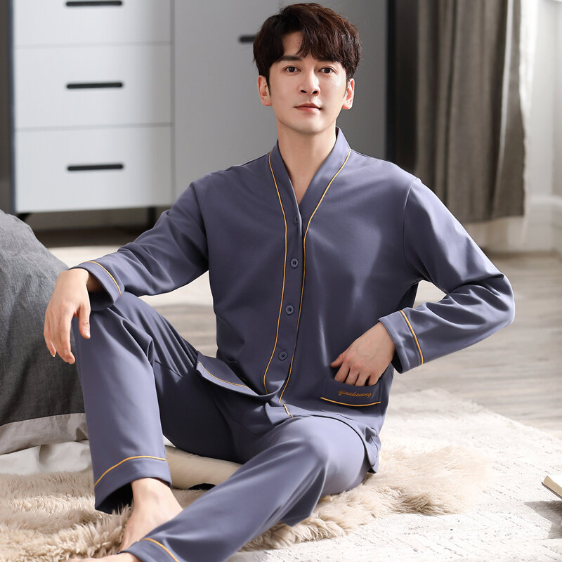 Conjunto de pijama com decote em v masculino, quimono pijamas para homem, camisa de manga comprida, moda masculina, pijamas macios, loungewear, novo