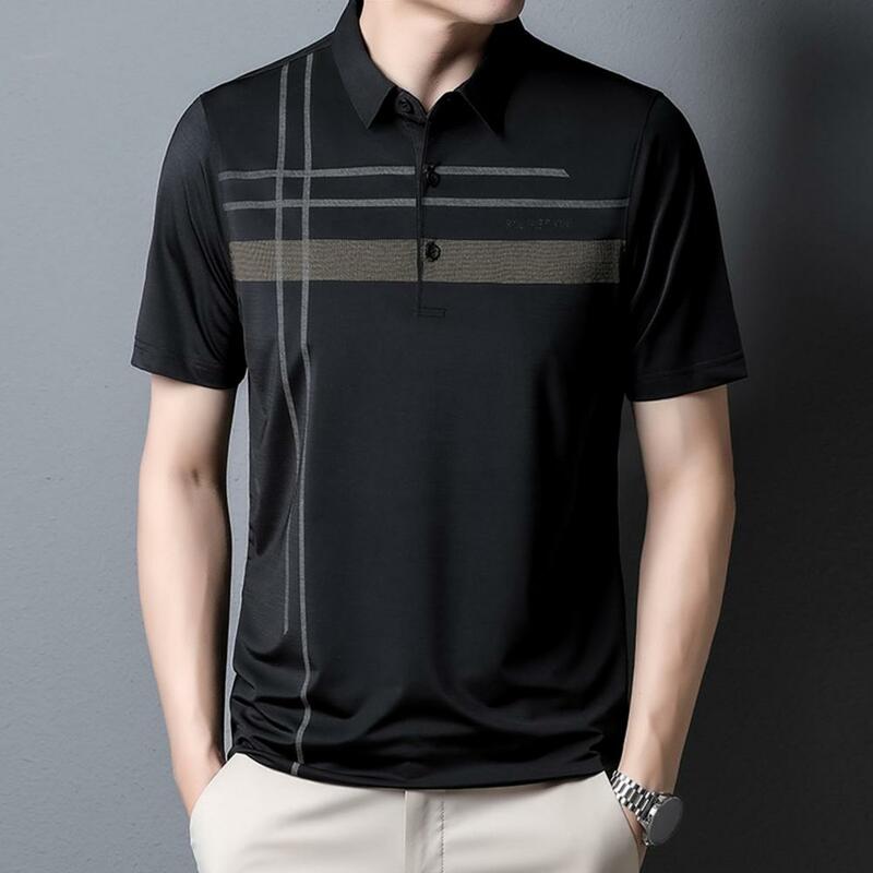 Striped Lapel Shirt Breathable Striped Ice Silk Men's Summer Shirt with Turn-down Collar Quick Dry Technology for Soft Comfort