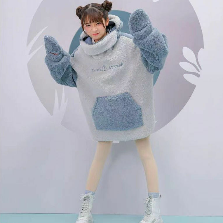 Sudadera con capucha con forma de tiburón Kawaii para mujer, abrigo bonito y divertido, holgado, combina con todo, sudadera gruesa de gran tamaño, moda coreana cálida