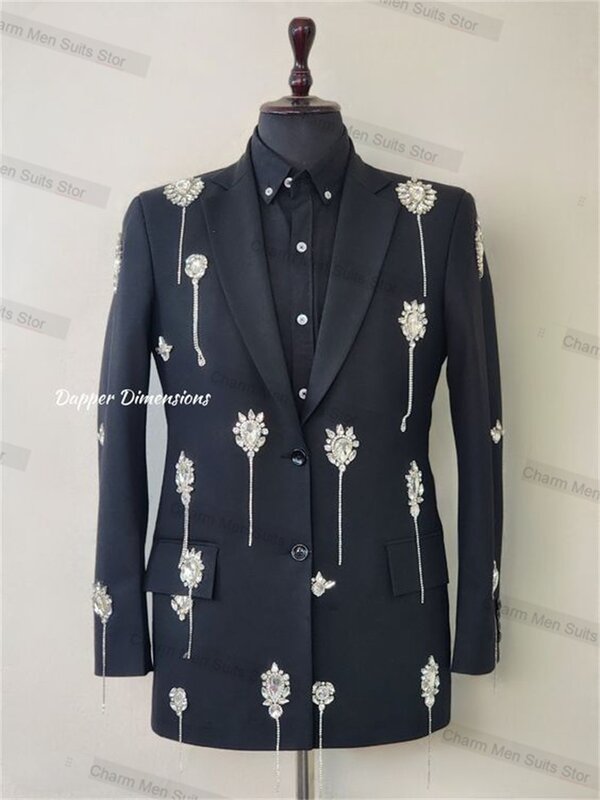 Formalny czarny zestaw garnitury męskie 2-częściowy blezer + spodnie na zamówienie kurtka biurowa smoking ślubny płaszcz z kryształkami