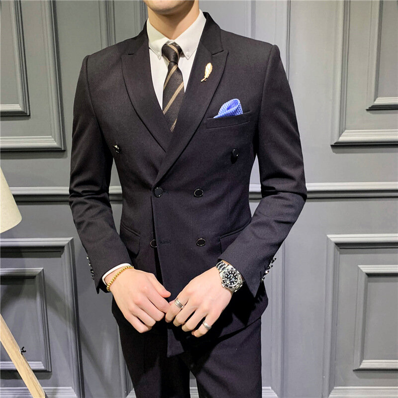 Traje TW6 para hombre, traje ajustado de estilo coreano, informal de negocios, doble botonadura, individual, vestido formal para banquete