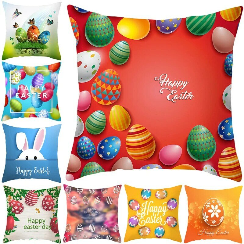 Housse de coussin imprimée, taie d'oreiller carrée, en lin, décoration de pâques, fleurs, œufs de lapin, printemps