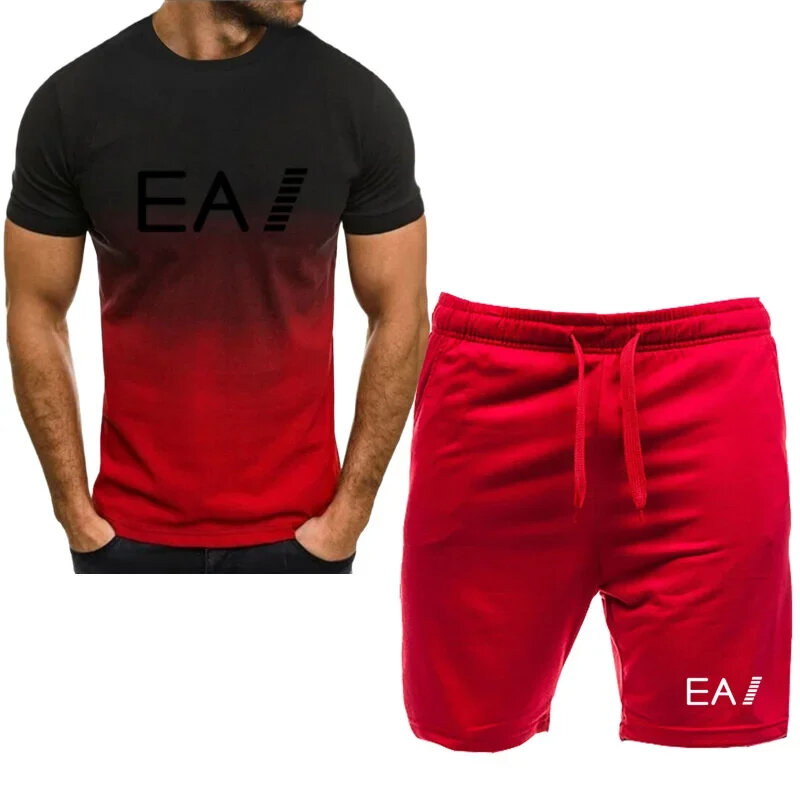 Camisetas esportivas estampadas de manga curta masculina, shorts populares, moda corrida, verão, 2024