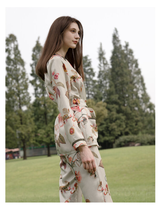 Birdtree-Conjunto de pijama de seda real para mulheres, manga comprida lapela, calça e cinto, casual e respirável, loungewear suave, outono, 90% respirável, S41449QD