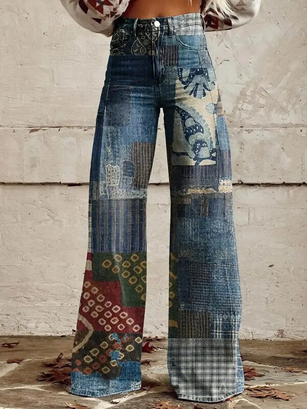 Jeans da donna con immagine d'onda stile coreano eleganti pantaloni a gamba larga a vita alta larghi pantaloni larghi a gamba larga S-XL Casual da donna
