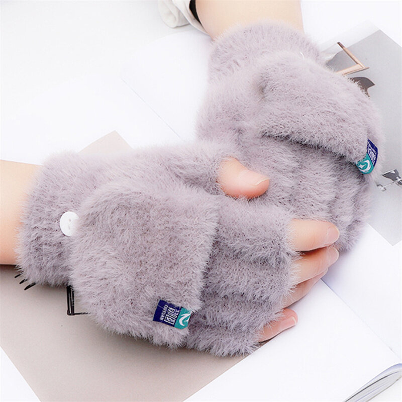 Winter Rabbit Fur Mittens Women Warm Gloves Feamle Girls Flip Plush Glove Fingerless Thicken Warm Mitten Work Gloves Half Finger
