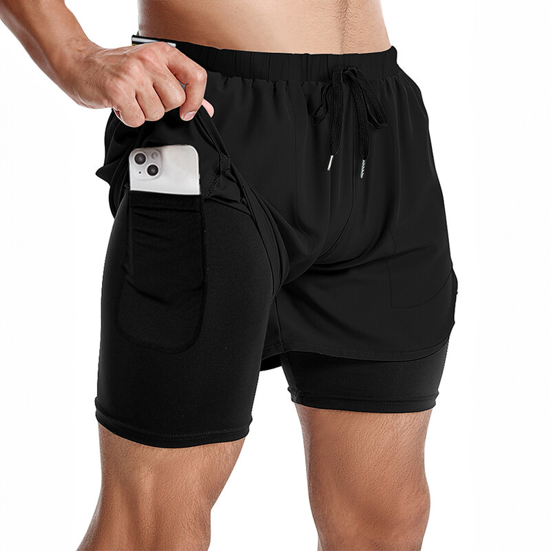 Calções esportivos de secagem rápida para homens, calças de corrida, treino, fitness, verão, 2 em 1