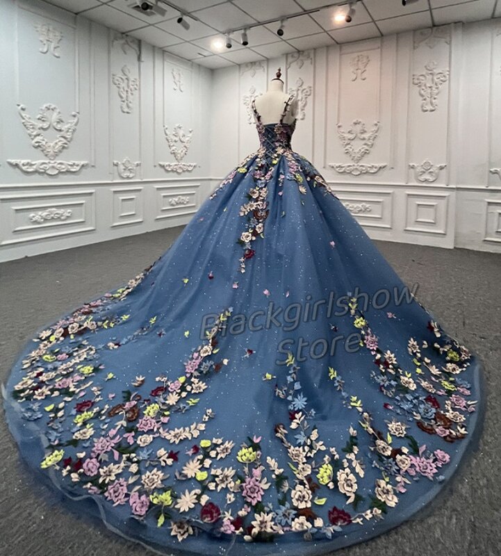 Vestidos azules De Xv Años, Vestidos De novia elegantes y De alta calidad con bordado Floral y cuello halter, tren De Chaepel, 2024