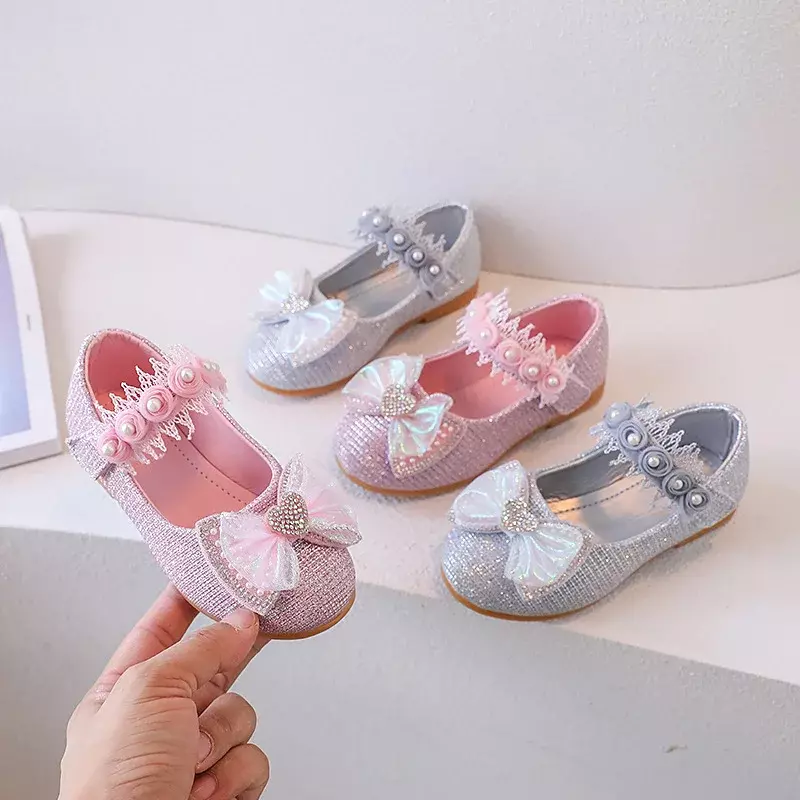 Sepatu kulit anak perempuan, sneaker tunggal payet pita kupu-kupu gaya Korea musim semi musim gugur Mary Janes J163
