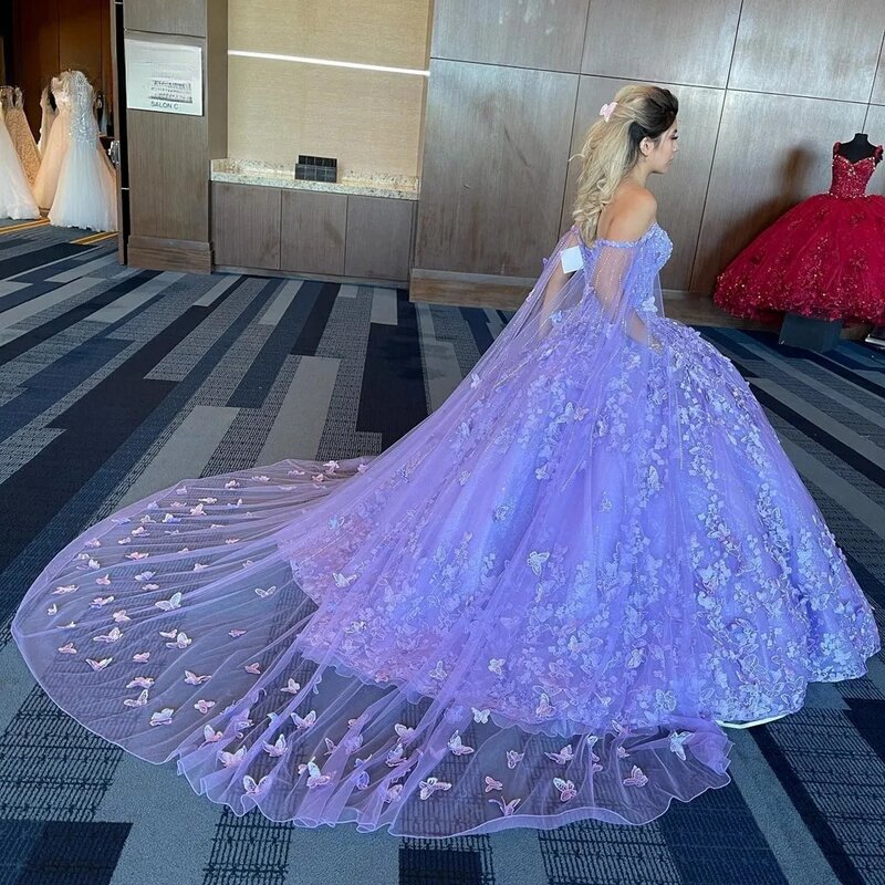 فستان الأميرة الليلك Quinceanera ، مكشوف الكتفين ، دانتيل حلو 16 فستان ، 15 سنة مكسيكية