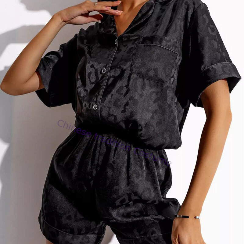 Overhemd En Korte Broek Voor Dames Pyjama 'S Met Luipaardprint 2 Stuks Huiskleding Loungewear Satijnen Nachtkleding Dames Losse Revers Pyjama Huiskleding