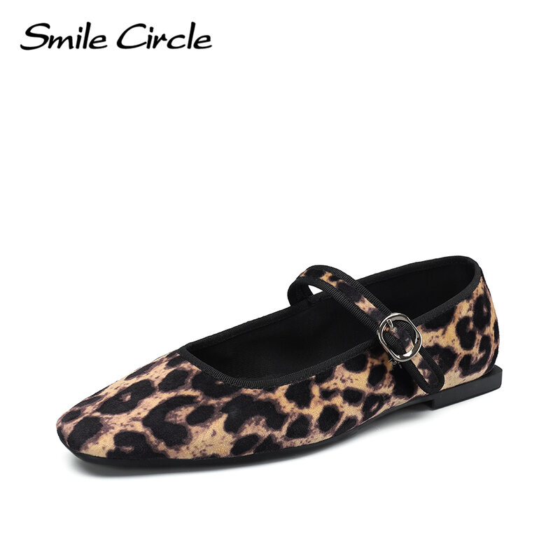 Sepatu Flat balet Mary Jane beludru lingkaran senyum, sepatu Flat wanita motif macan tutul nyaman ujung bulat