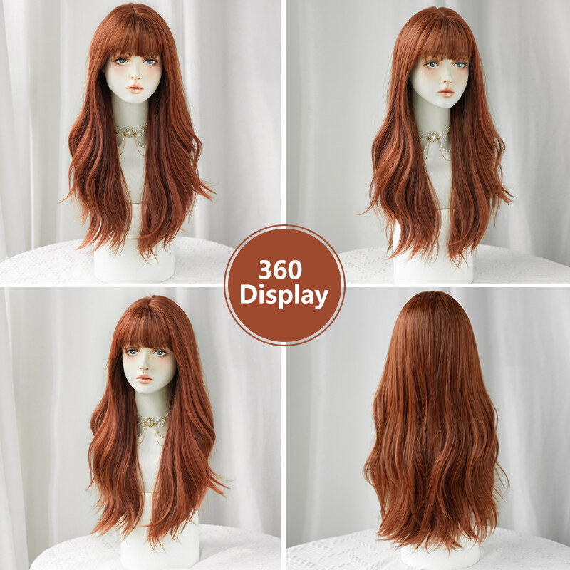 7JHH WIGS Layered Synthetic Wavy Orange Wig for Women Daily Use Fashion Long Loose Copper Hair Wigs with Bangs Beginner Friendly
