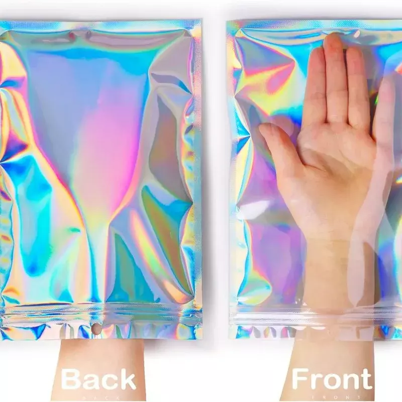 Enveloppes holographiques en plastique transparent refermables à laser, sacs à fermeture automatique, emballage plat pour bonbons, bijoux, sac de rangement des aliments, petites entreprises